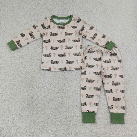 Sibling Baby Boys Green Camo Ducks Plaid Pant Hunting Pajamas Set Zip Rompers