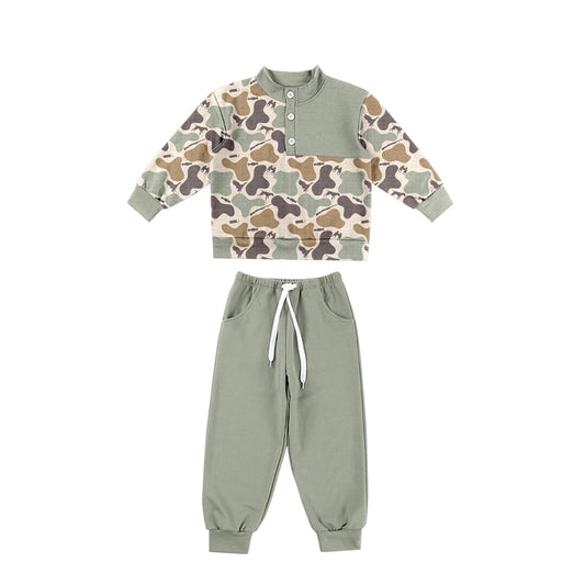 Preorder moq 5 Baby Boys Dogs Camo Button Top Pockets Jogger Hunting Clothes Sets