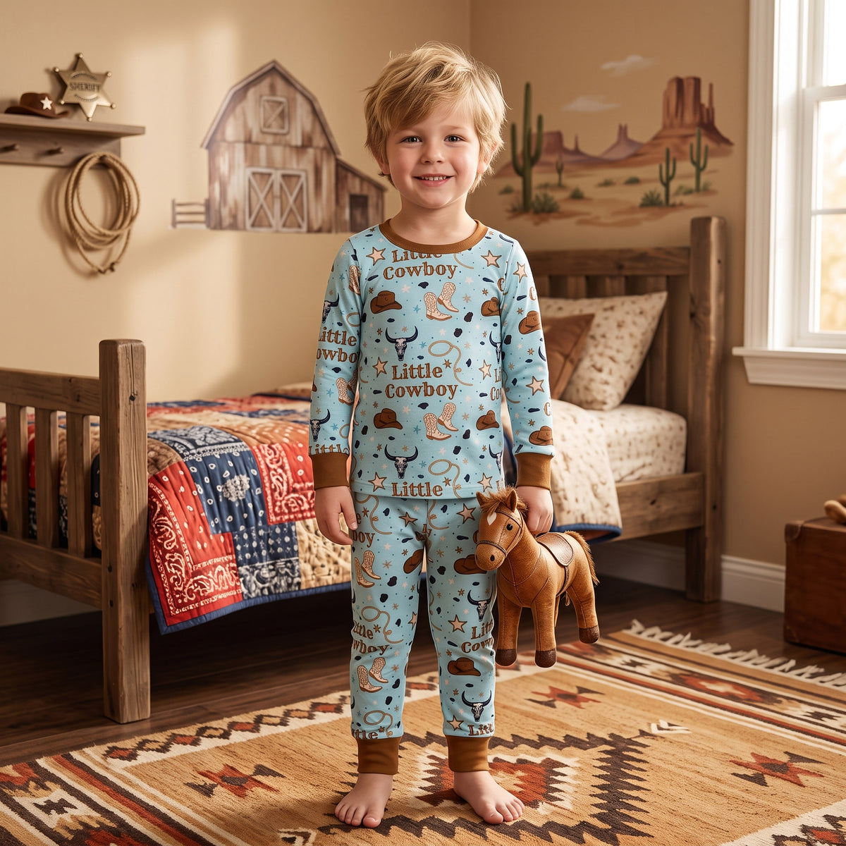 Baby Boys Little Cowboys Boots Top Pant Western Pajamas Sets