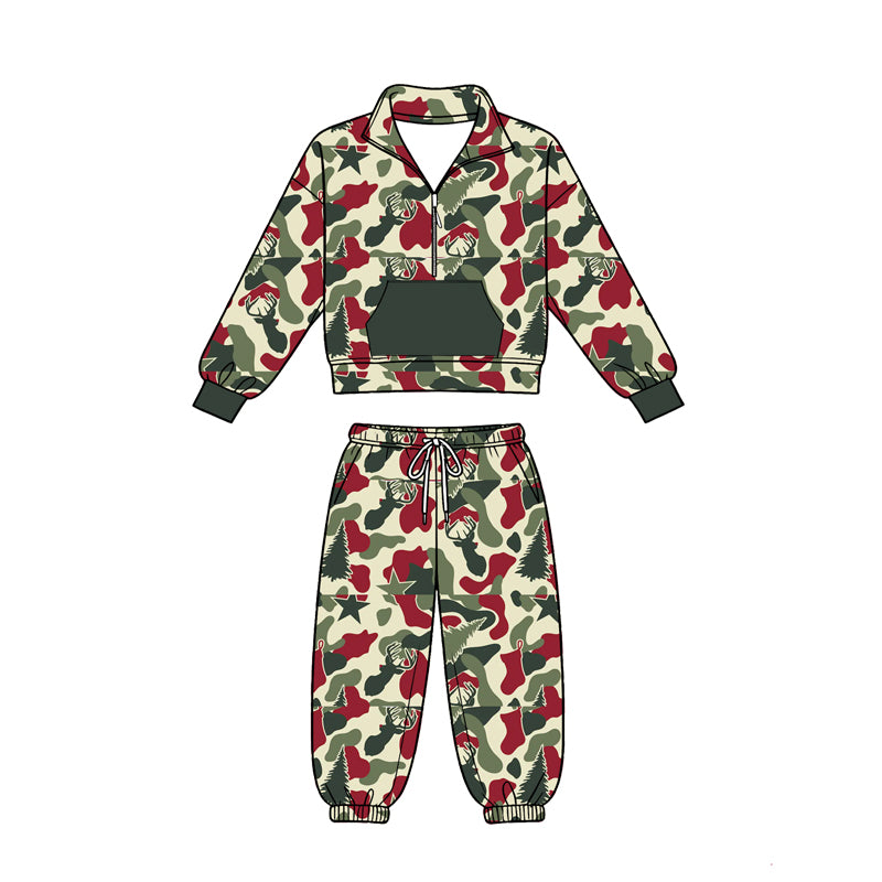 Preorder moq 5 Baby Boys Camo Deer Zip Pocket Pullovers Pockets Jogger Clothes Sets