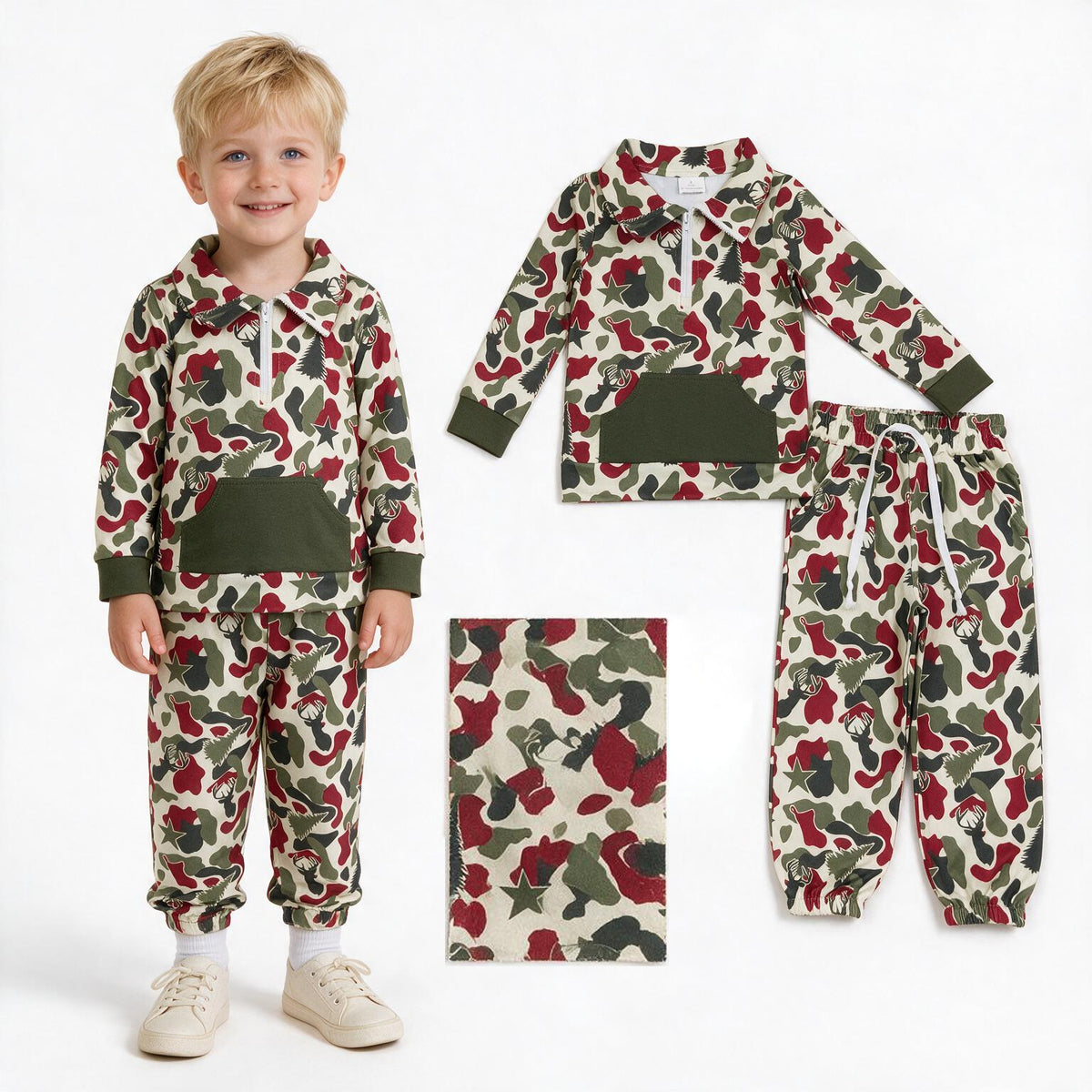 Baby Boys Red Green Camo Deer Trees Zip Pocket Pullovers Jogger Christmas Clothes Sets