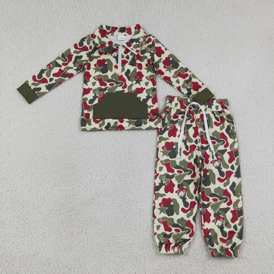 Baby Boys Red Green Camo Deer Trees Zip Pocket Pullovers Jogger Christmas Clothes Sets