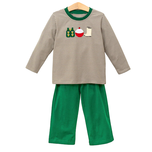 Preorder moq 5 Baby Boys Fishing Stripe Top Pants Hunting Clothes Sets