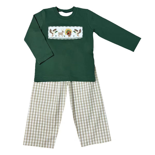 Preorder moq 5 Baby Boys Deer Turkey Dog Ducks Top Checked Pant Hunting Clothes Sets