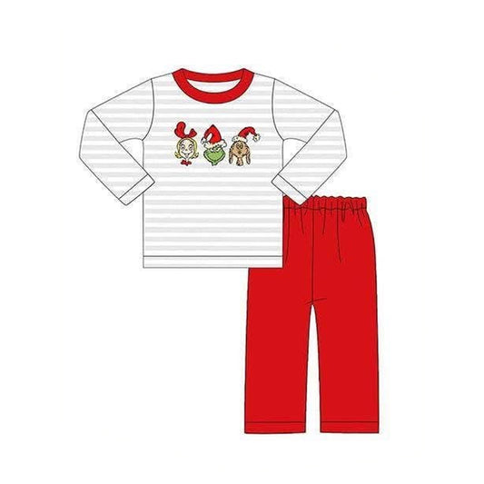 Preorder moq 5 Baby Boys Green Frogs Stripe Top Pants Christmas Clothes Sets