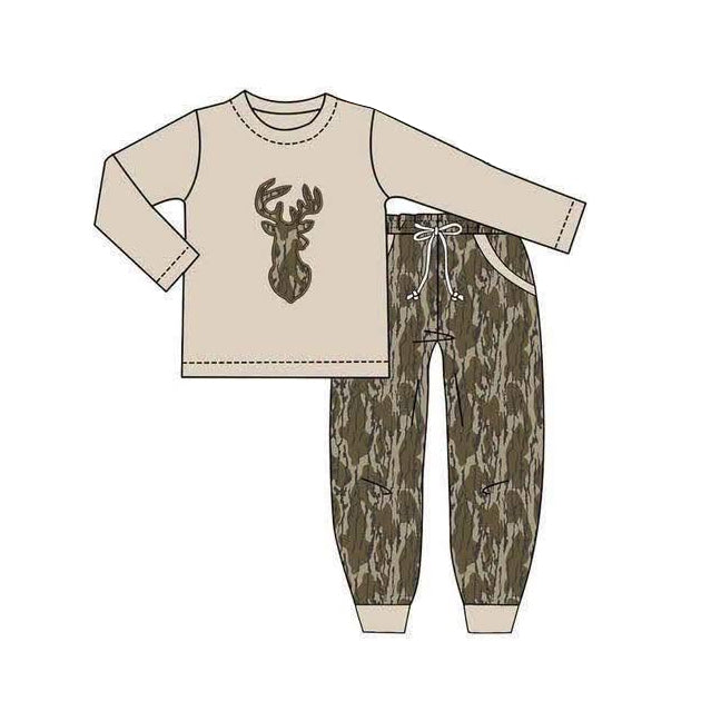 Preorder moq 5 Baby Boys Wood Camo Deer Top Pockets Jogger Hunting Clothes Sets