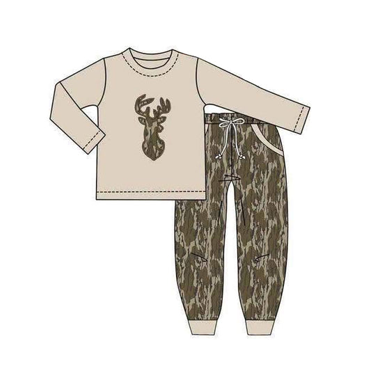 Preorder moq 5 Baby Boys Wood Camo Deer Top Pockets Jogger Hunting Clothes Sets