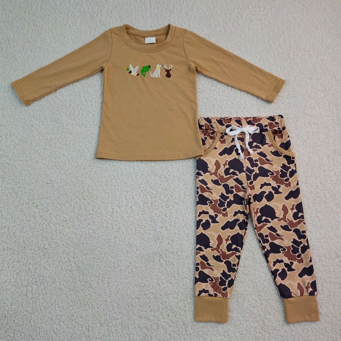 Embroidery Dog Ducks Deer Baby Boys Top Camo Pockets Jogger Hunting Clothes Sets