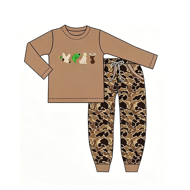 Preorder moq 5 Baby Boys Dogs Ducks Deer Top Camo Pockets Jogger Hunting Clothes Sets