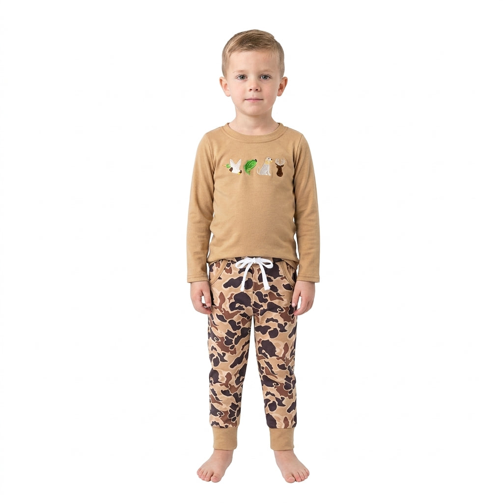 Embroidery Dog Ducks Deer Baby Boys Top Camo Pockets Jogger Hunting Clothes Sets
