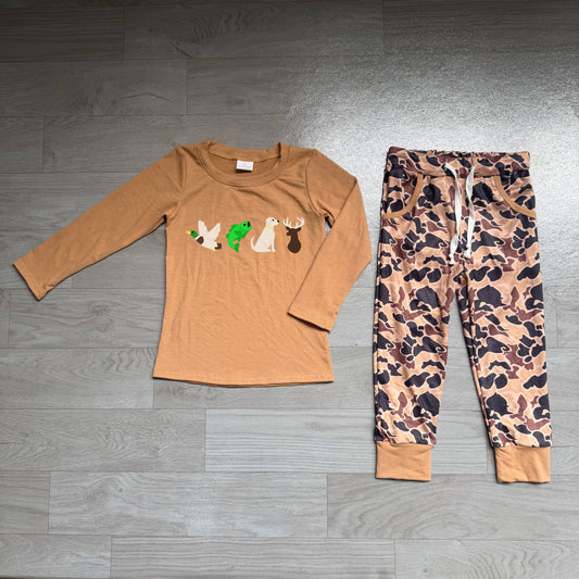 Embroidery Dogs Ducks Deer Baby Boys Top Camo Pockets Jogger Hunting Clothes Sets Preorder