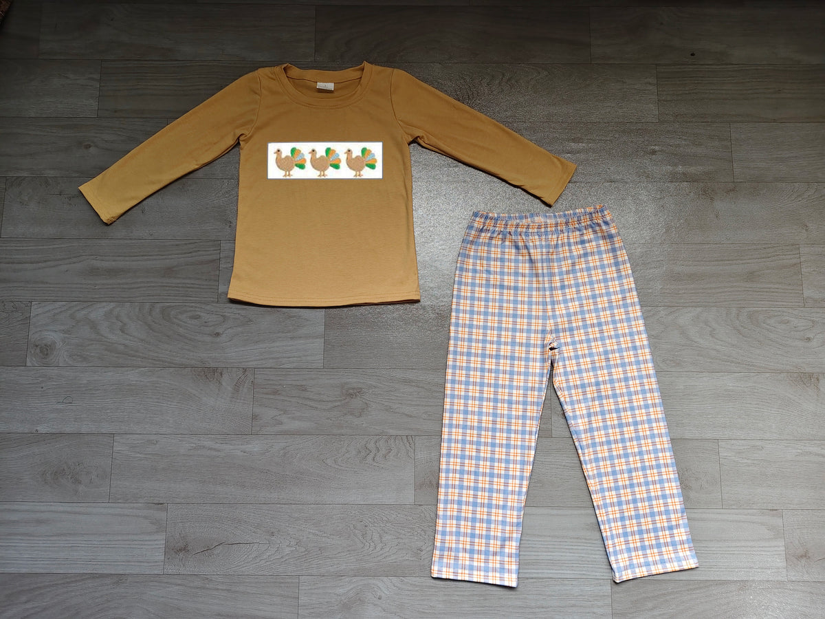 Embroidery Turkey Baby Boys Top Checked Pant Thanksgiving Clothes Sets Preorder