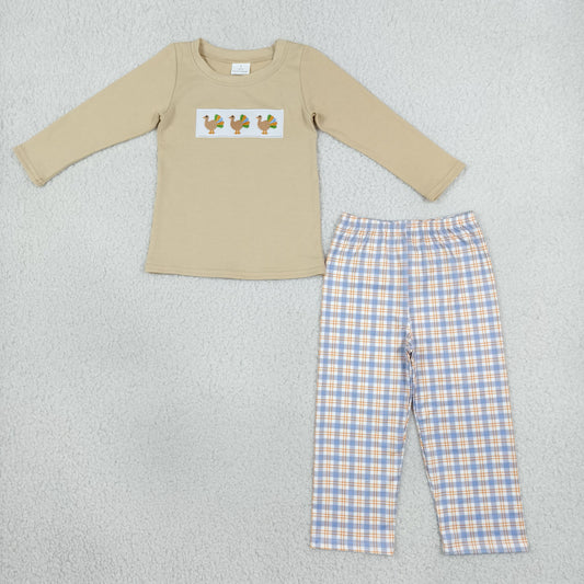 Embroidery Turkey Baby Boys Checked Pant Thanksgiving Clothes Sets