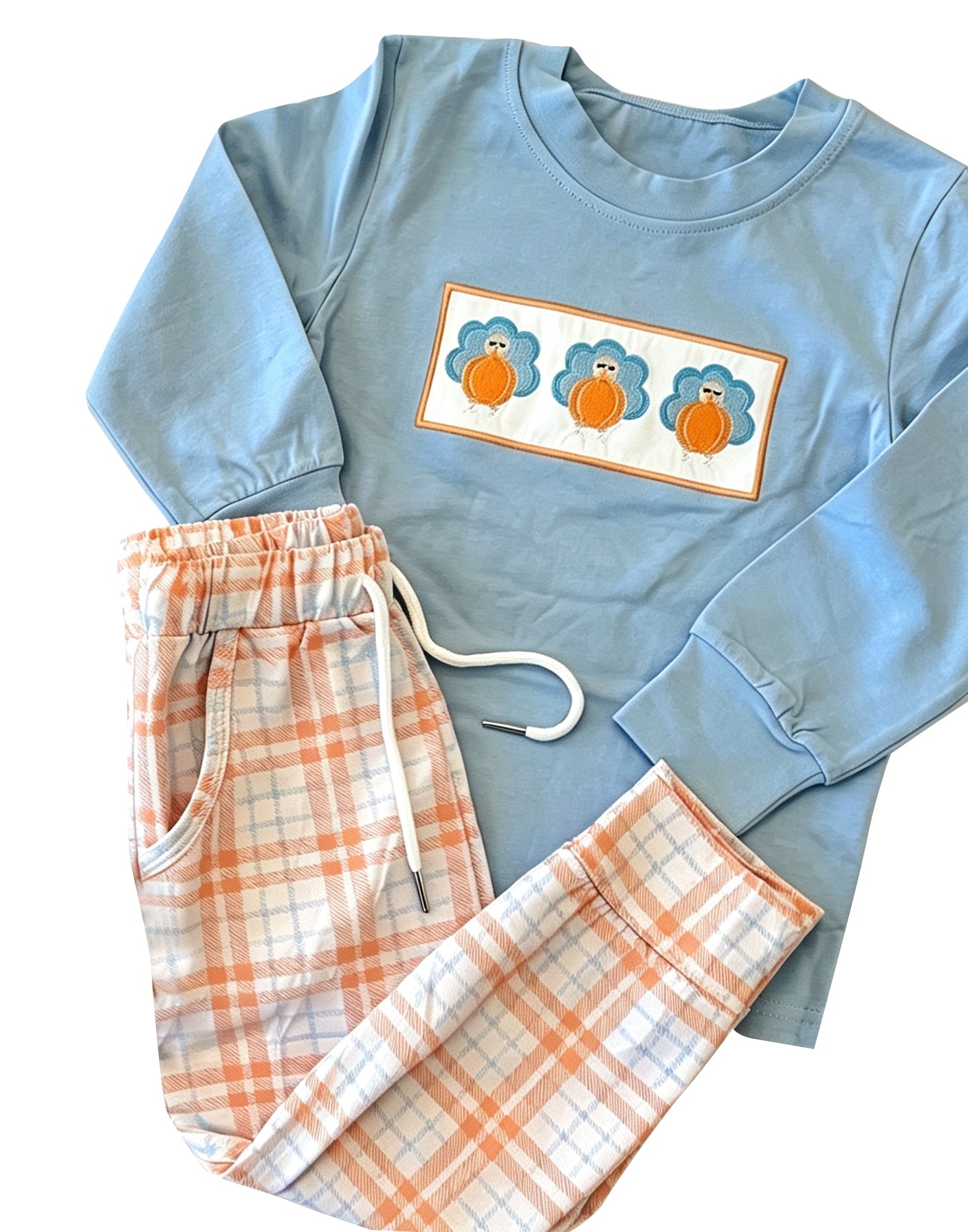 Preorder moq 5 Baby Boys Pumpkins Turkey Top Pockets Pant Thanksgivings Clothes Sets