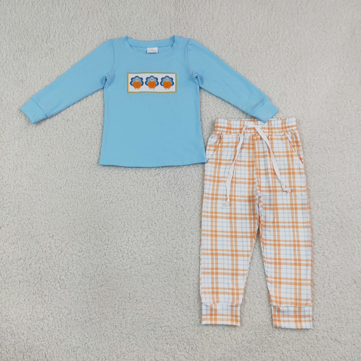 Sibling Baby Boys Embroidery Turkey Checked Pant Thanksgivings Clothes Set Rompers