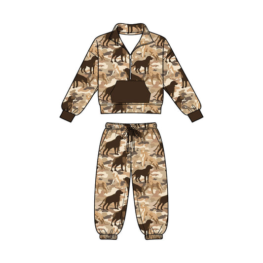 Preorder moq 5 Baby Boys Dogs Camo Zip Pocket Pullovers Joggers Hunting Clothes Sets