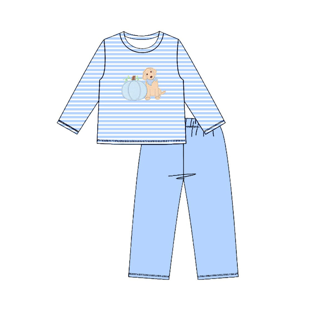 Preorder moq 5 Baby Boys Blue Stripe Pumpkins Dogs Top Pants Fall Clothes Sets
