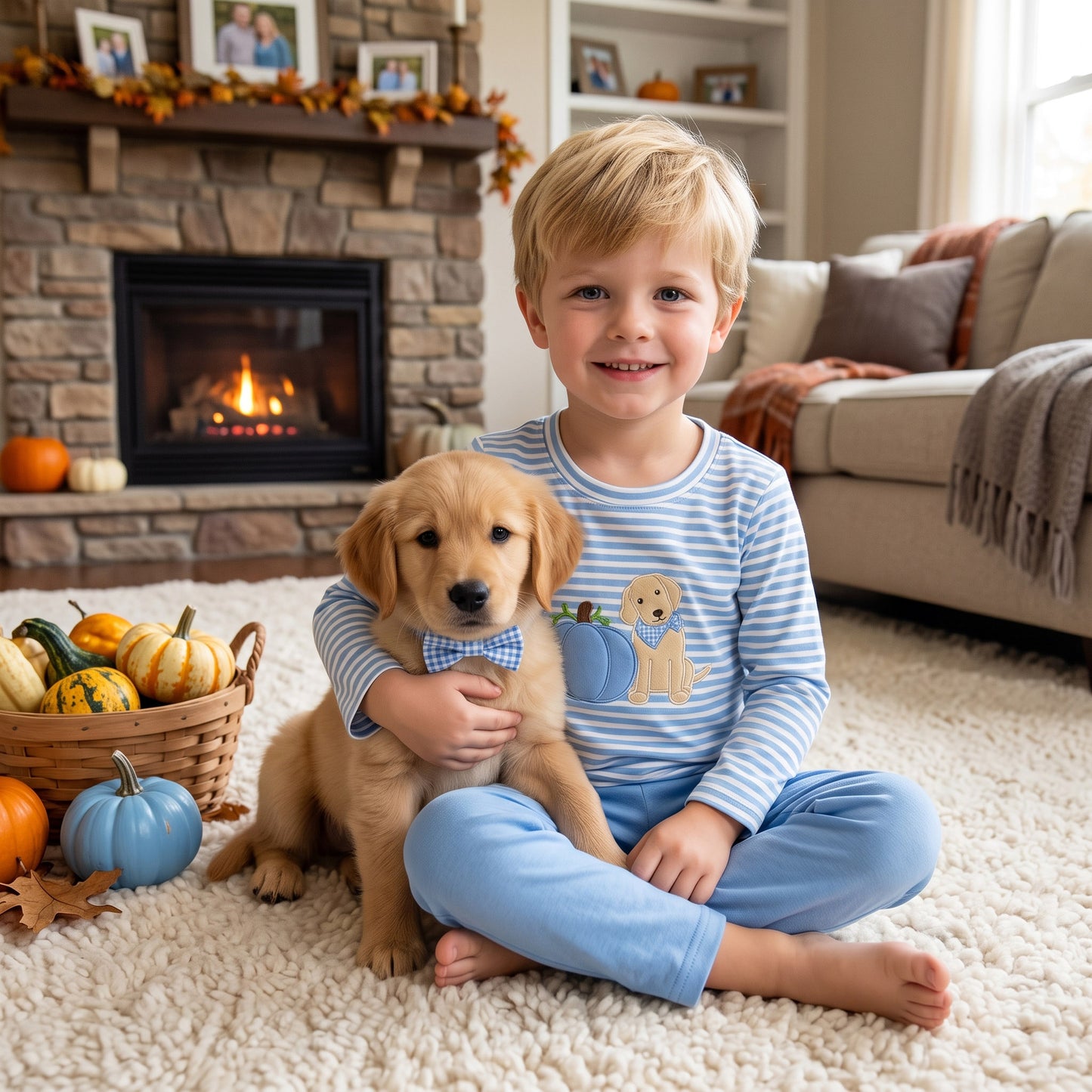 Embroidery Pumpkin Dogs Baby Boys Blue Stripe Top Pants Fall Clothes Sets