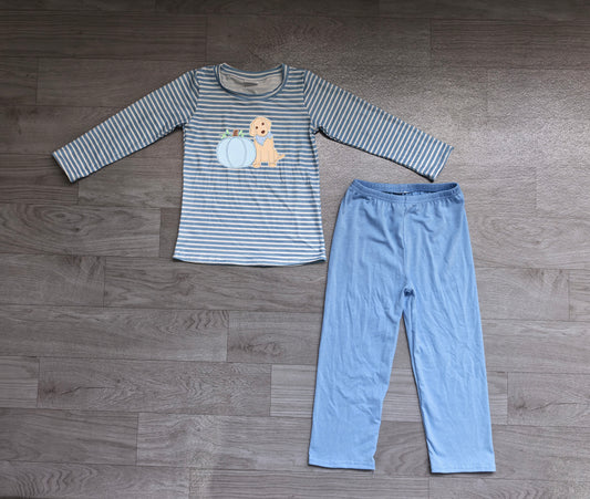 Embroidery Pumpkins Dogs Baby Boys Blue Stripe Top Pants Fall Clothes Sets Preorder