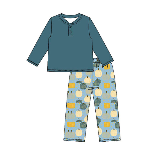 Preorder moq 5 Baby Boys Button Shirts Top Pumpkins Pants Fall Clothes Sets