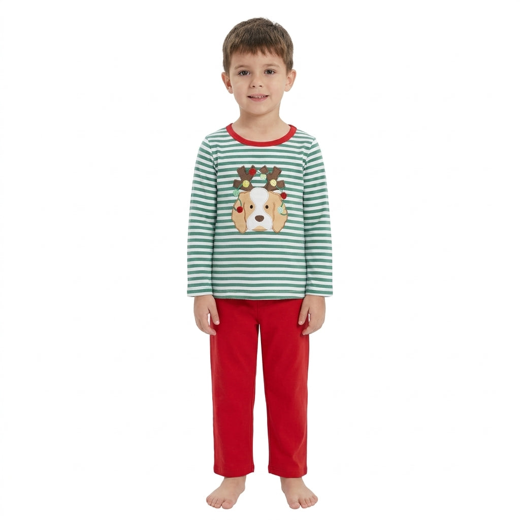 Embroidery Lights Dogs Baby Boys Green Stripe Top Pants Christmas Clothes Sets