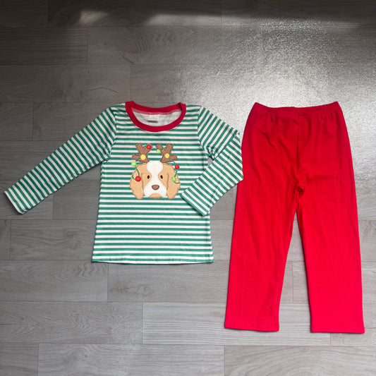 Embroidery Lights Dogs Baby Boys Green Stripe Top Pants Christmas Clothes Sets Preorder