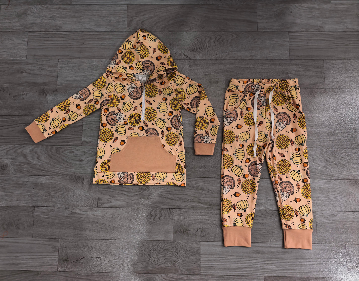 Preorder moq 5 Baby Boys Pumpkins Turkey Zip Pickets Hoodie Joggers Thanksgivings Clothes Set