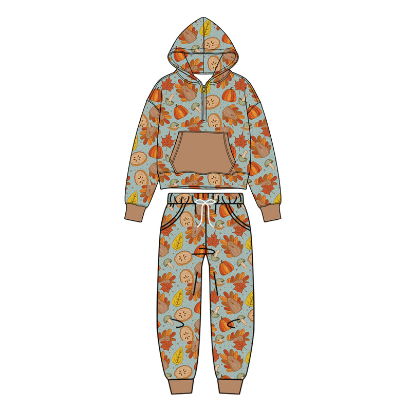 Preorder moq 5 Baby Boys Pumpkins Turkey Zip Pickets Hoodie Joggers Thanksgivings Clothes Set