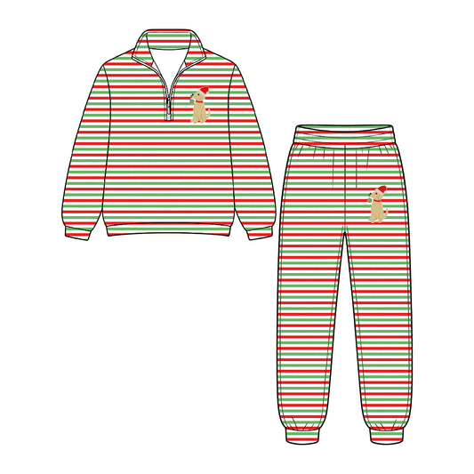 Preorder moq 5 Baby Boys Red Green Stripe Hat Dogs Zip Pullovers Joggers Christmas Clothes Set