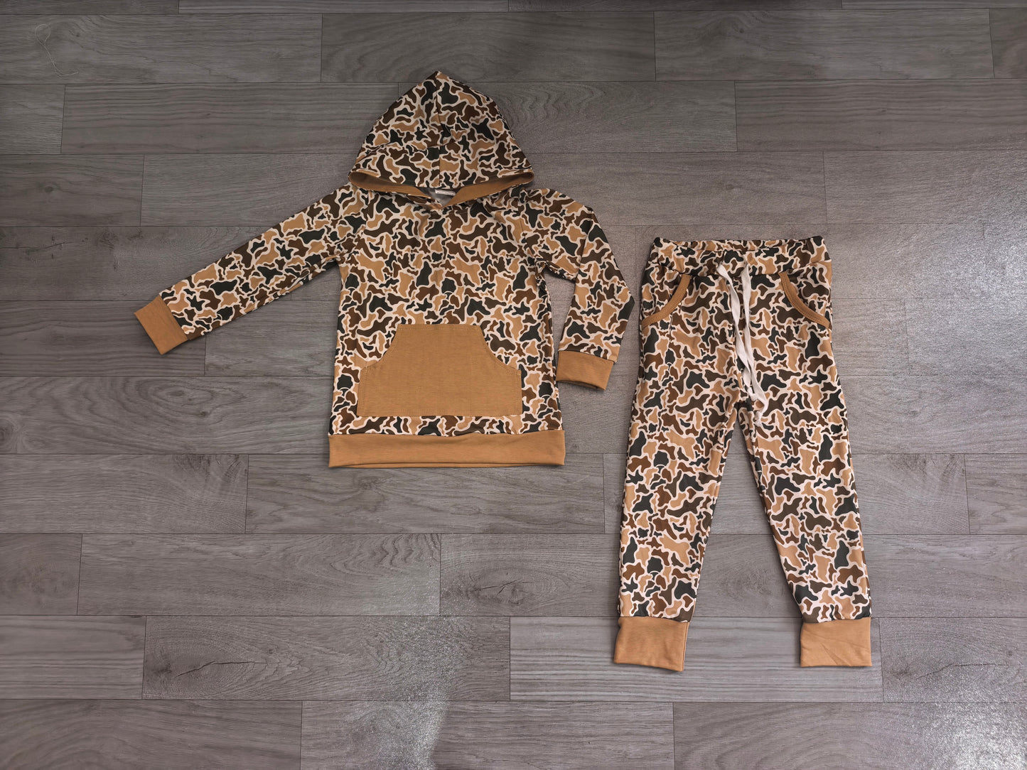 Baby Boys Khaki Camo Pocket Hoodie Jogger Pants Hunting Clothes Set Preorder