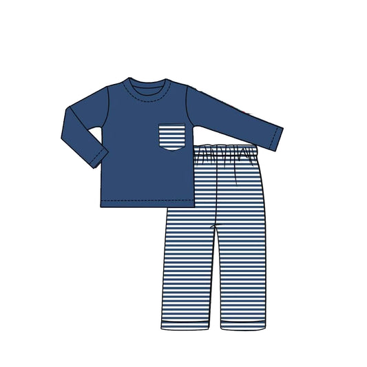 Preorder moq 5 Baby Boys Navy Long Sleeve Pocket Top Stripe Pants Clothes Set
