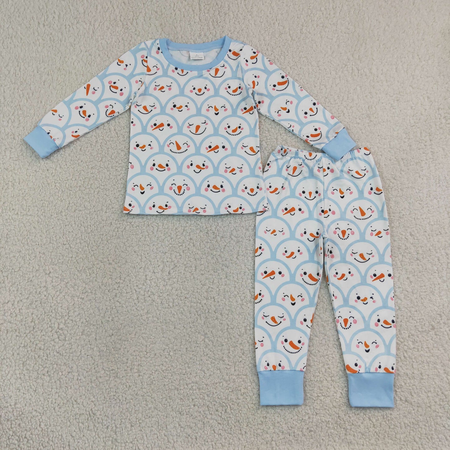 Baby Boys Long Sleeve Blue Checked Snowmen Top Pant Christmas Pajamas Set