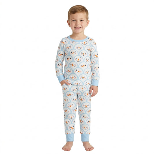 Baby Boys Long Sleeve Blue Checked Snowmen Top Pant Christmas Pajamas Set