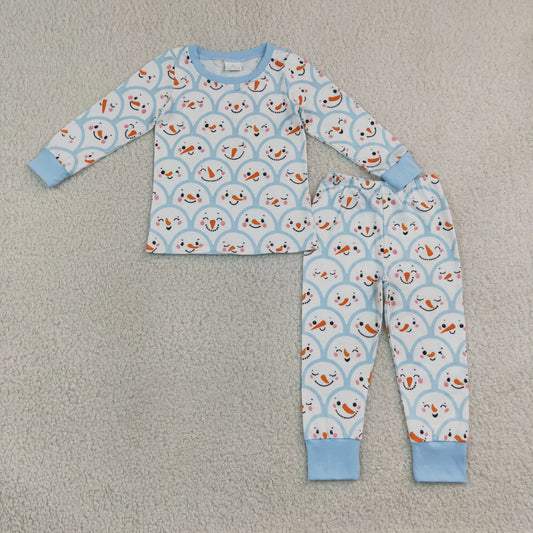 Sibling Baby Boys Blue Checked Snowmen Top Pant Christmas Pajamas Set Zip Rompers
