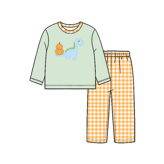 Preorder moq 5 Baby Boys Pumpkin Dinosaurs Top Checked Pants Fall Clothes Set