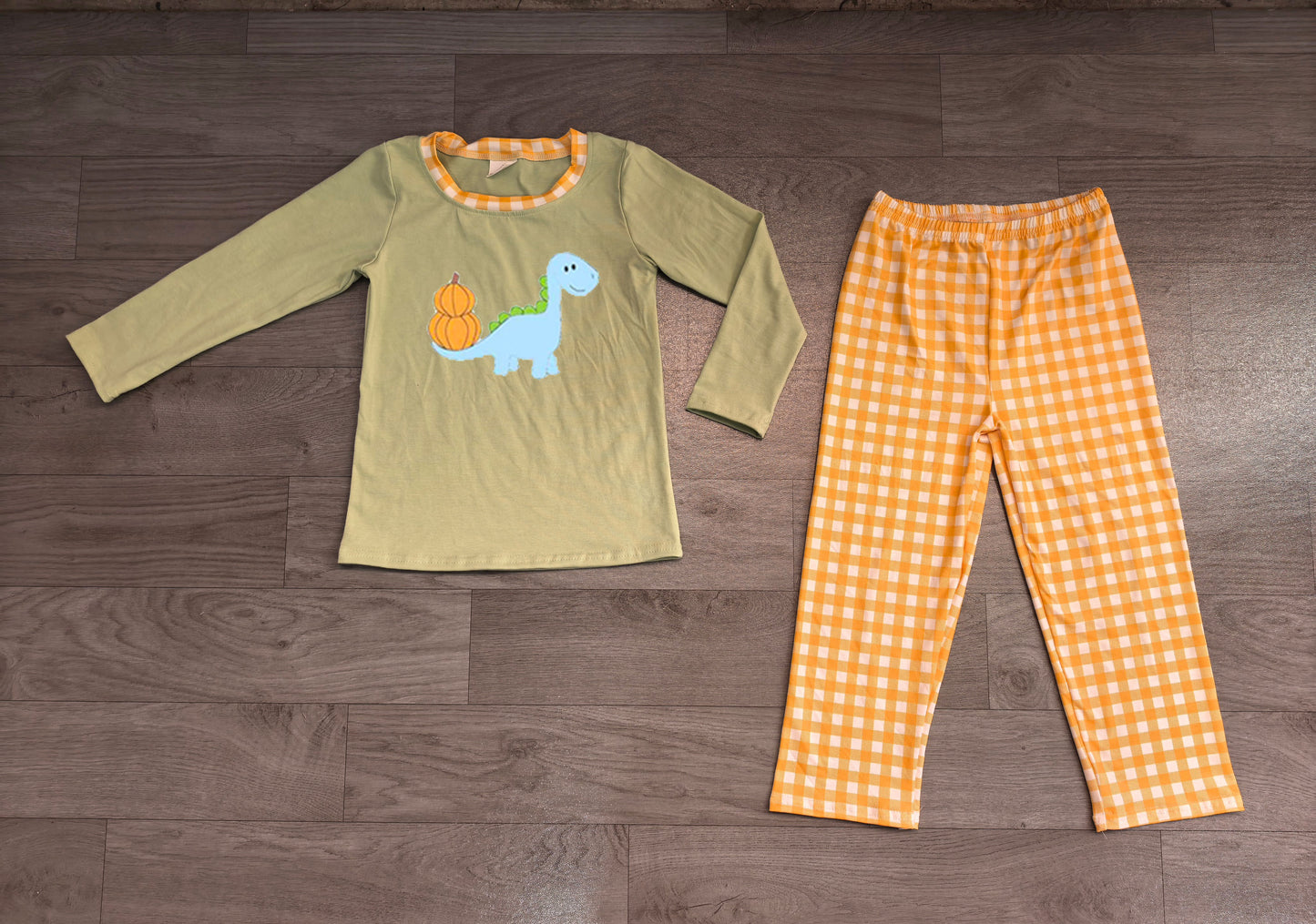 Embroidery Pumpkin Dinosaurs Baby Boys Top Checked Pants Fall Clothes Set Preorder