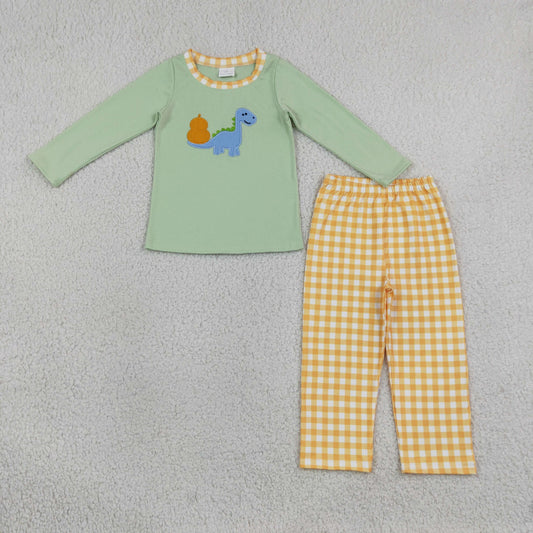 Sibling Baby Boys Embroidery Dinosaur Pumpkins Checked Pant Fall Clothes Set Rompers