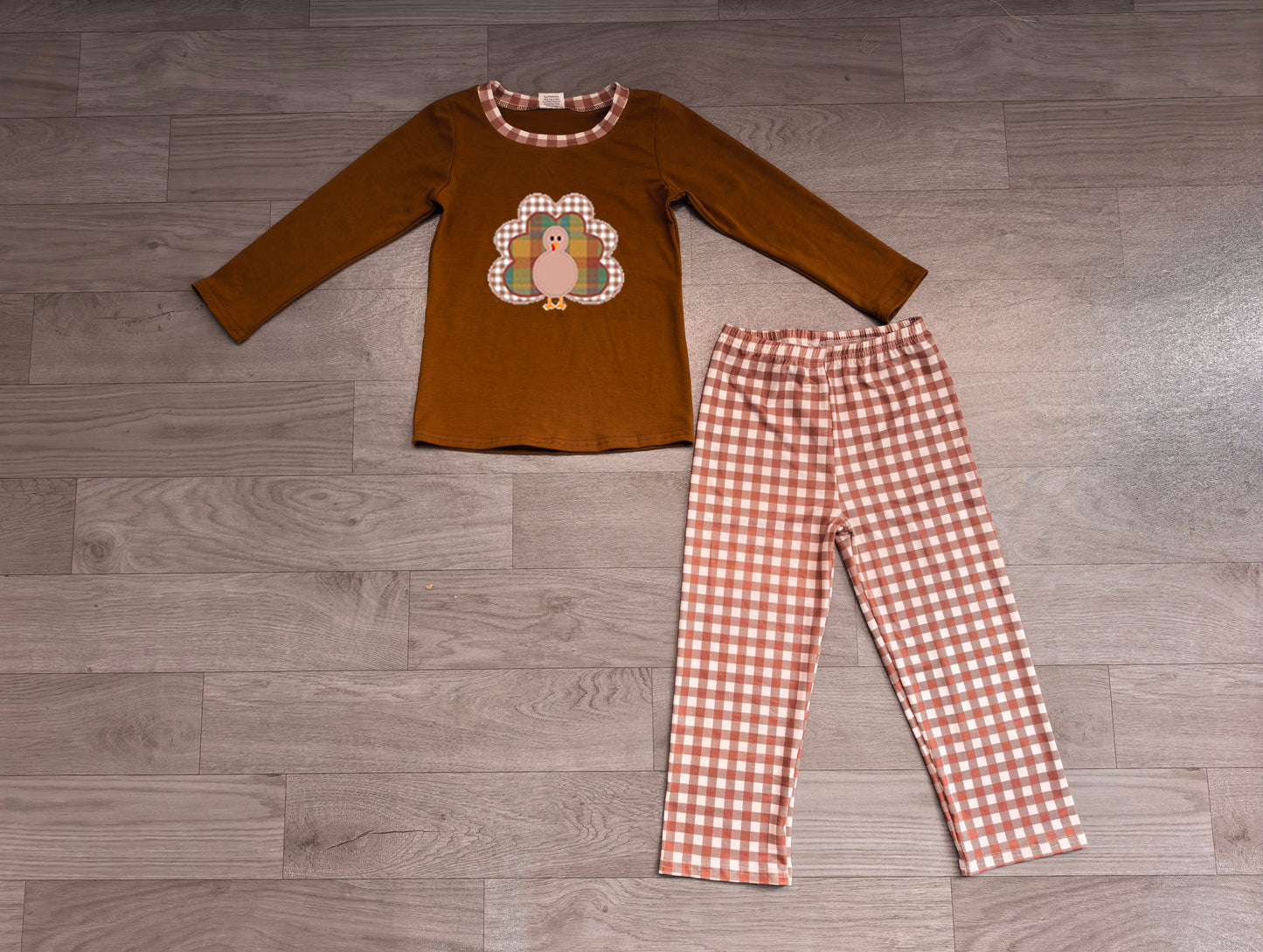 Embroidery Turkey Baby Boys Top Checked Pants Thanksgivings Clothes Set