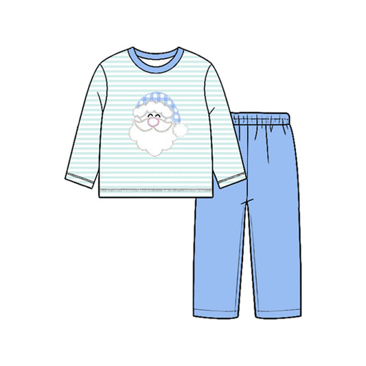 Preorder moq 5 Baby Boys Blue Stripe Santa Top Pants Christmas Clothes Set