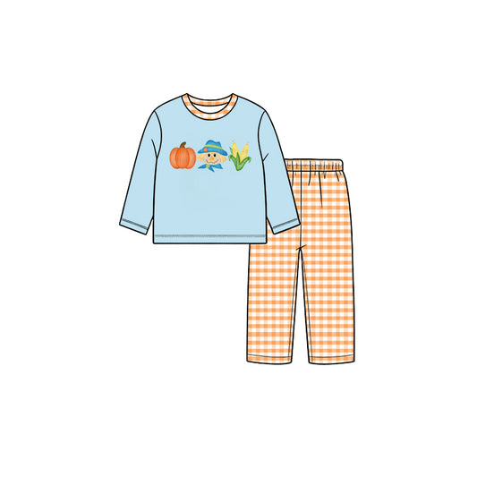 Preorder moq 5 Baby Boys Pumpkins Corn Top Checked Pants Fall Clothes Set