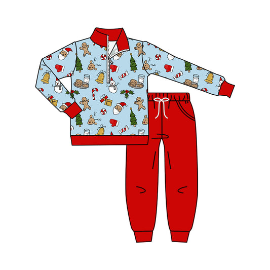 Preorder moq 5 Baby Boys Snowmen Trees Zip Pullover Pockets Jogger Christmas Clothes Set