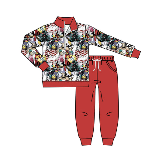 Preorder moq 5 Baby Boys Cartoon Ghosts Zip Pullover Pockets Jogger Halloweens Clothes Set