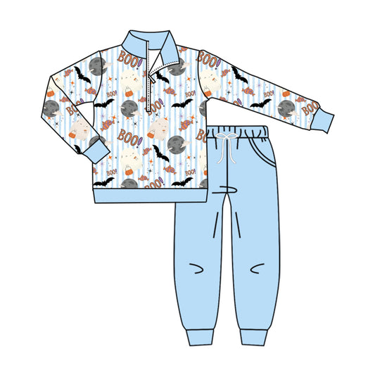 Preorder moq 5 Baby Girls Blue Stripe Boo Bats Zip Pullover Pockets Joggers Halloweens Sets