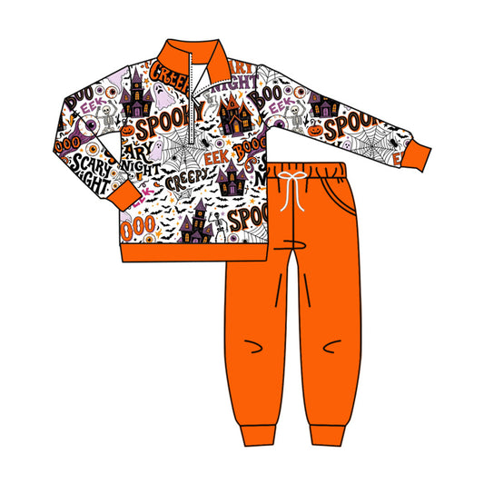 Preorder moq 5 Baby Girls Spooky Bats Zip Pullover Pockets Joggers Halloweens Sets
