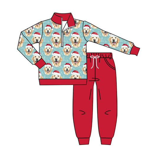 Preorder moq 5 Baby Girls Hat Dogs Zip Pullover Pockets Joggers Christmas Sets