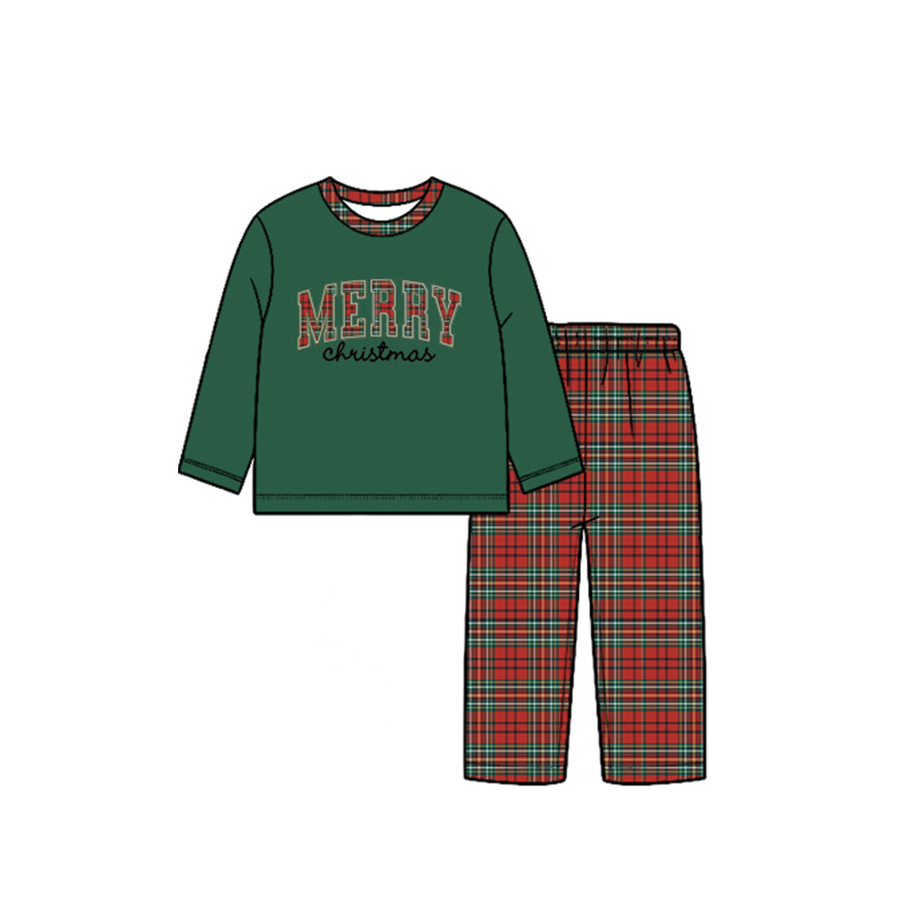 Preorder moq 5 Baby Boys Green Red Checked Top Pant Merry Christmas Clothes Sets