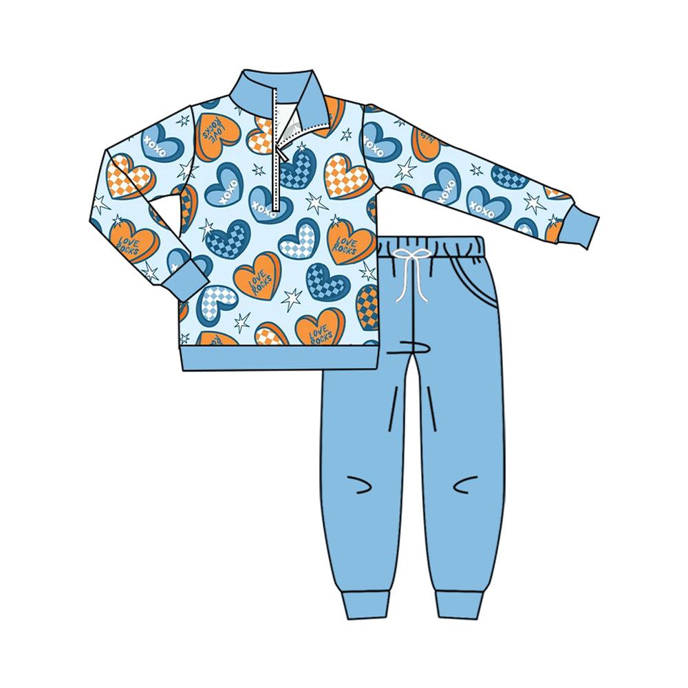 Preorder moq 5 Baby Boys Love Rocks Hearts Zip Pullovers Pockets Jogger Valentines Set
