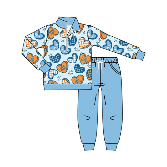 Preorder moq 5 Baby Boys Love Rocks Hearts Zip Pullovers Pockets Jogger Valentines Set