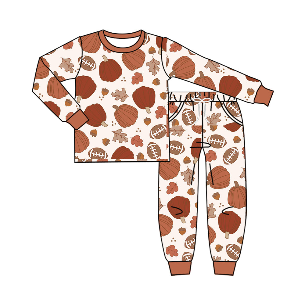 Preorder moq 5 Baby Boys Football Pumpkins Top Pockets Pant Fall Clothes Set