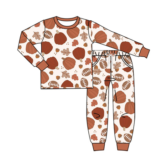 Preorder moq 5 Baby Boys Football Pumpkins Top Pockets Pant Fall Clothes Set